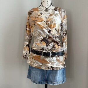 y2k waterpaint camo crossfront angelwing 3/4 sleeve tunic top